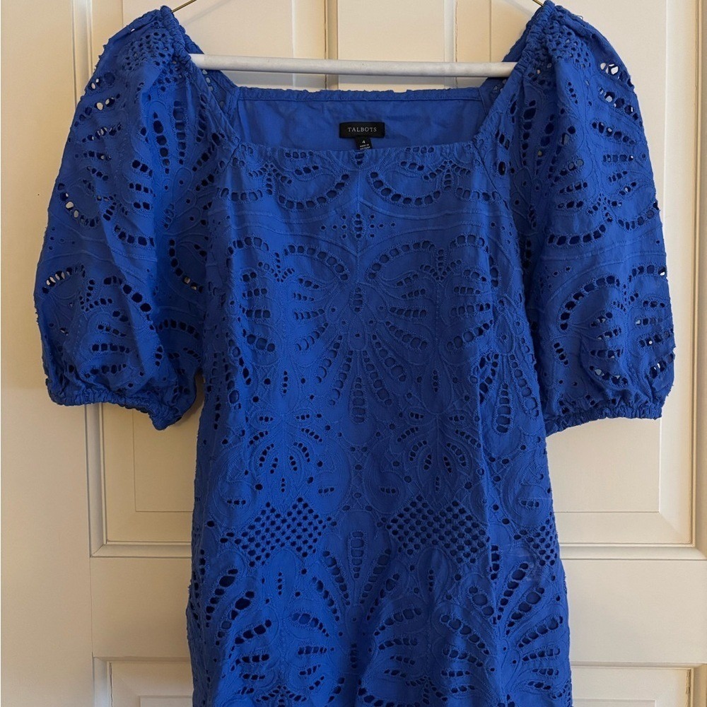 Talbots Womens Blue Eyelet Lace Puff Sleeve Square Neck Top Blouse Size 4 - Picture 3 of 8